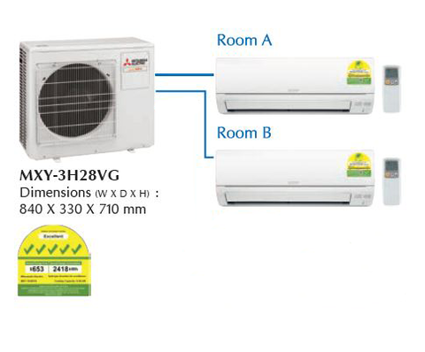 (R32) Mitsubishi Electric Starmex System 3 Inverter Aircon : MXY-3H28VG / 1 X MSXY-FP10VG (9000 BTU) + 1 X MSXY-FP18VG (18000 BTU) √√√√√