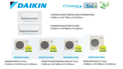 DAIKIN iSmileEco R32 Series System 4 Inverter (5 Ticks): MKM85VVMG / CTKM25VVMG X 2 + CTKM35VVMG + CTKM60VVMG