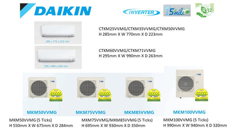 (R32) DAIKIN iSmileEco R32 Series System 3 Inverter Aircon : MKM50VVMG / CTKM25VVMG X 3 (9000 BTU) √√√√√