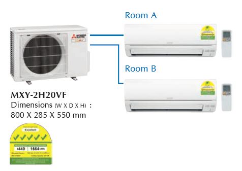 (R32) Mitsubishi Electric Starmex System 2 Inverter Aircon : MXY-2H20VG / 1 X MSXY-FP10VG (9000 BTU) + 1 X MSXY-FP13VG (13000 BTU) √√√√√