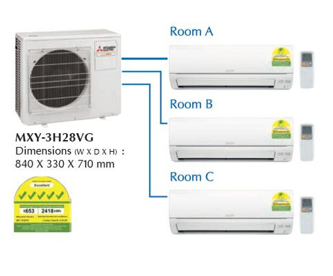 (R32) Mitsubishi Electric Starmex System 3 Inverter Aircon : MXY-3H28VG / 1 X MSXY-FP10VG (9000 BTU) + 1 X MSXY-FP13VG (13000 BTU)+ 1 X MSXY-FP24VG (24000 BTU) √√√√√