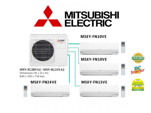 Mitsubishi Electric Starmex System 4 Inverter NEW (5 Ticks): MXY-4G33VA2 / 2 X MSXY-FN10VE (9000 BTU) + 1 X MSXY-FN13VE (13000 BTU) + 1 X MSXY-FN24VE (24000 BTU)