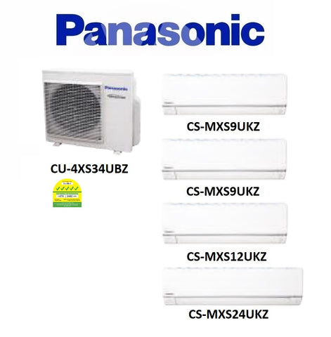 (NEW) PANASONIC MULTI-SPLIT SERIES SYSTEM 4 INVERTER SYSTEM (5 TICKS): CU-4XS34UBZ / CS-MXS9UKZ X 2 + CS-MXS12UKZ + CS-MXS24UKZ