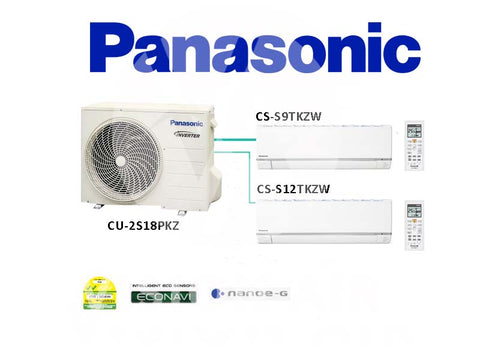 Panasonic System 2 Inverter (With ECONAVI): CU-2S18PKZ / CS-S9TKZW (9000 BTU) + CS-S12TKZW (12000 BTU)