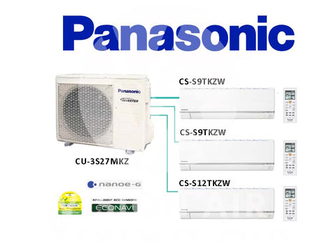 Panasonic System 3 Inverter (With ECONAVI): CU-3S27MKZ / 2 X CS-S9TKZW (9000 BTU) + 1 X CS-S12TKZW (12000 BTU)
