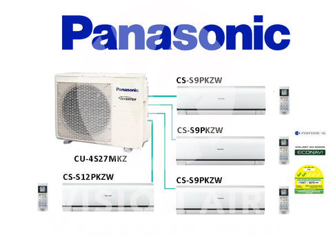 Panasonic System 4 Inverter (With ECONAVI): CU-4S27NKZ / 3 X CS-S9TKZW (9000 BTU) + 1 X CS-S12TKZW (12000 BTU)